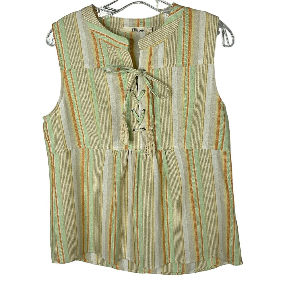 Ellison Womens Linen Sleeveless Button Front Mint Green Striped Blouse Size M